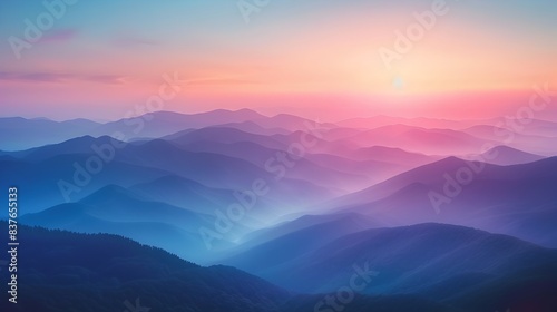 Misty Mountain Landscape at Dawn with Layers of Peaks Under a Pastel Sky Capturing the Natural Serenity and Beauty of a Scenic Vista