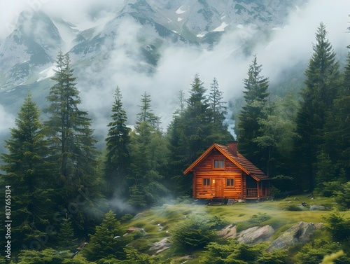 Cozy Cabin Nestled in a Pine Forest at the Base of a Majestic Mountain with Curling Smoke from the Chimney Embodying Mountain Landscapes and Natural