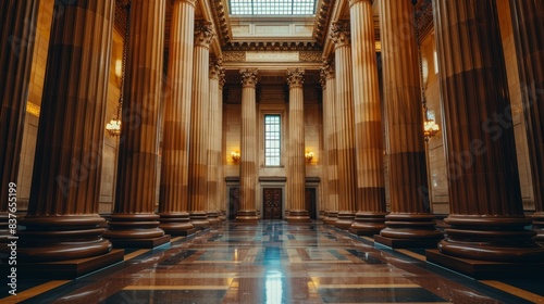  A large building features a room with columns, a skylight, and a checkerboard floor The middle of the room boasts a checkerboard pattern