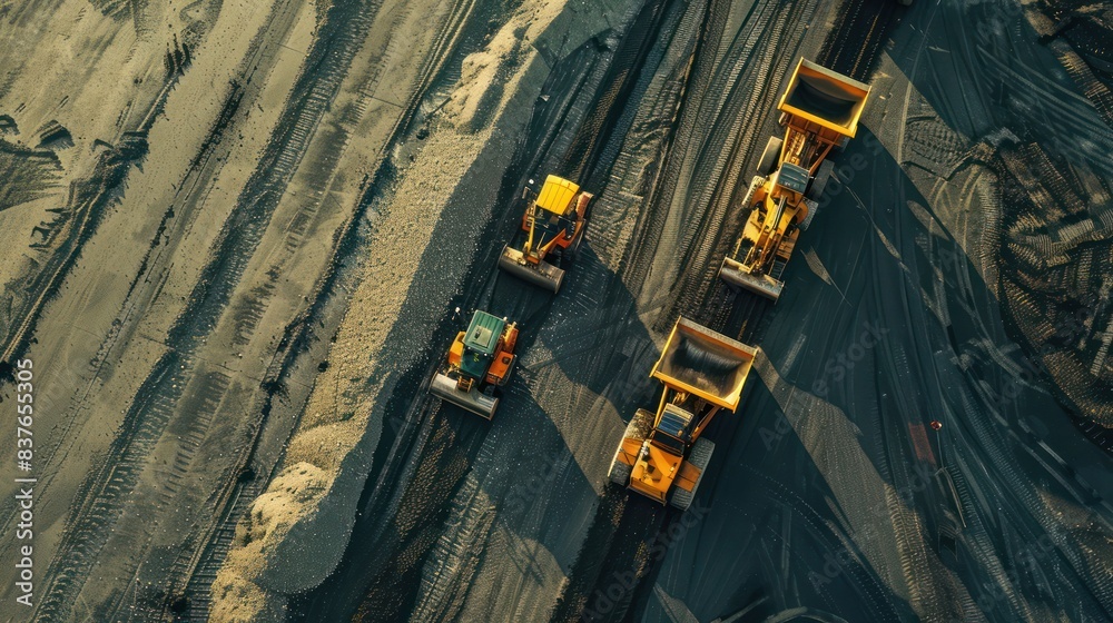 Highlight the teamwork involved in road construction projects with an image showcasing a group of road rollers working together to build a new asphalt road, emphasizing the coordinated effort required