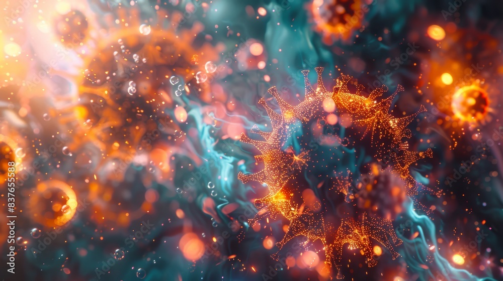 A futuristic 3D portrayal of a virus with digital elements, representing the microscopic and pathogenic aspects of the virus in a modern context. A futuristic 3D portrayal of a virus with digital elements, representing the microscopic and pathogenic aspects of the virus in a modern context.