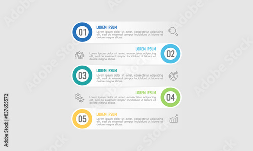 Infographic labels list design template. 5 options or process to success. Business presentation, Project, Banner, Marketing and  Workflow. Vector illustration.