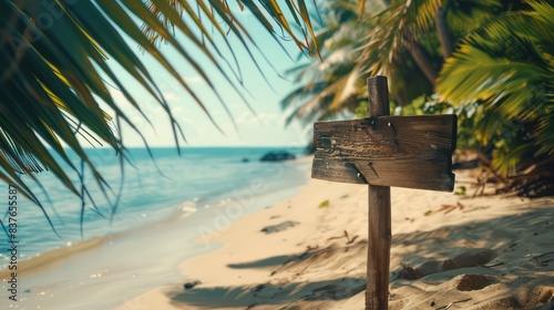 Showcase the serenity of beachfront escapes with an image capturing an empty wooden signboard nestled among palm fronds on a secluded tropical beach.
