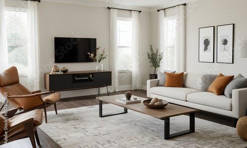 Modern living room with minimalist design, featuring stylish furniture, a spacious tv, and a cozy sofa