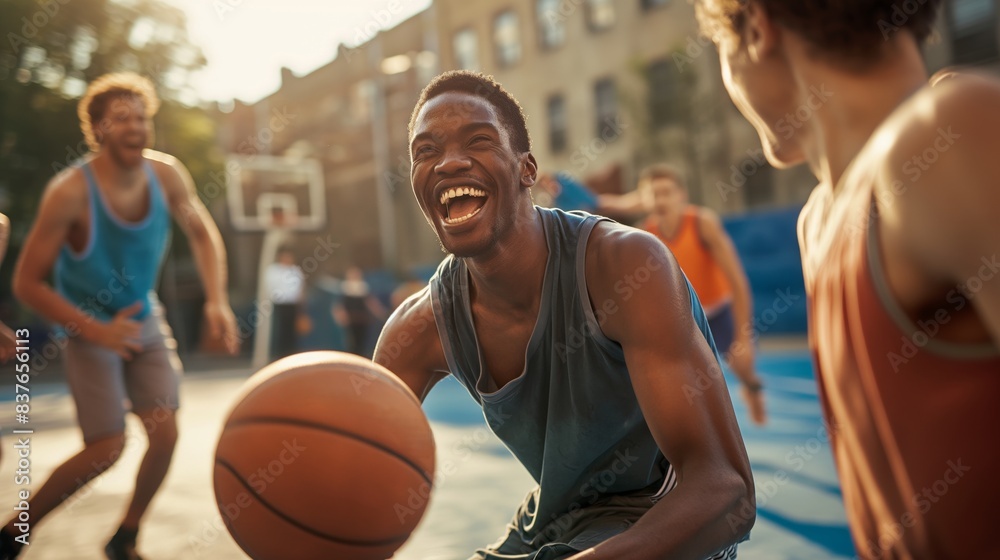 A man joyfully plays basketball with friends on an outdoor court, showing emotion