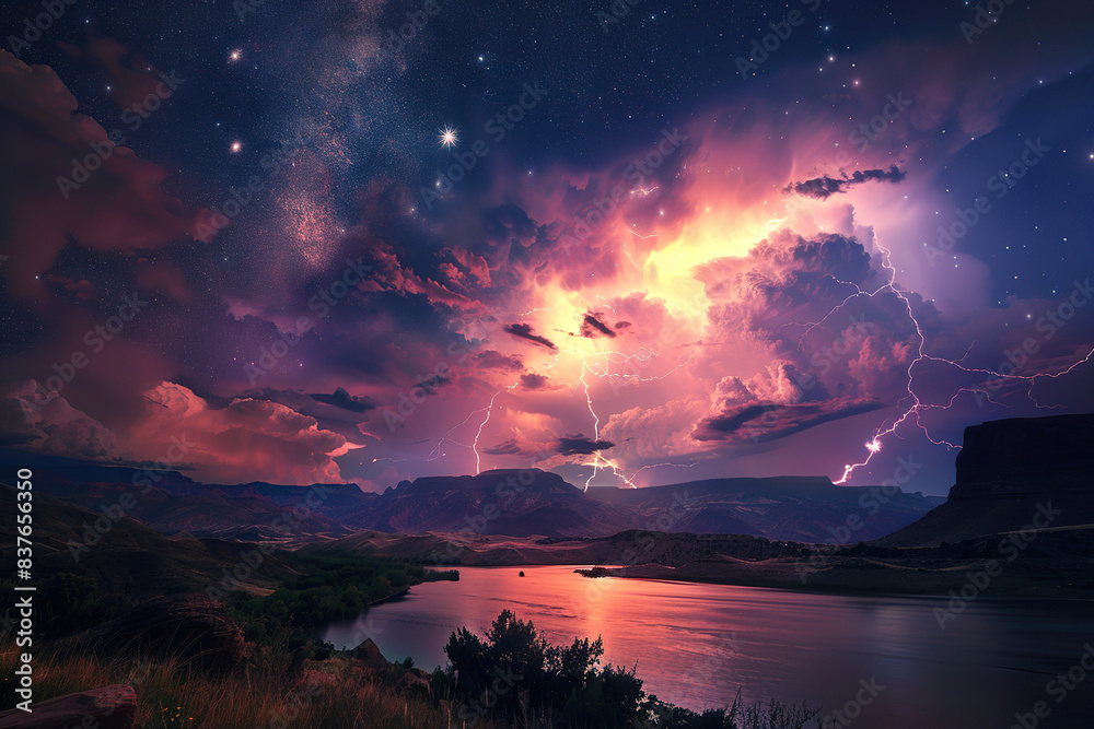 Generative ai on theme of scary bright electric lightning bolt with branches in the night dark sky Generative ai on theme of scary bright electric lightning bolt with branches in the night dark sky