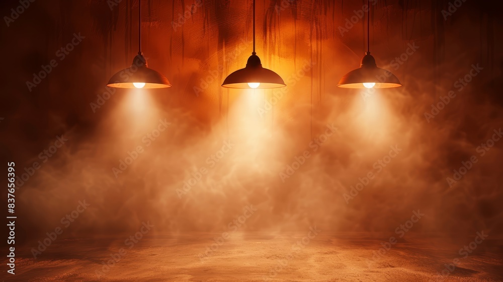 Three lamps form a fixture in a smoky room, their tops emitting thick plumes Three lamps form a fixture in a smoky room, their tops emitting thick plumes