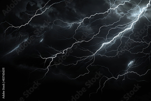 Generative ai on theme of scary bright electric lightning bolt with branches in the night dark sky