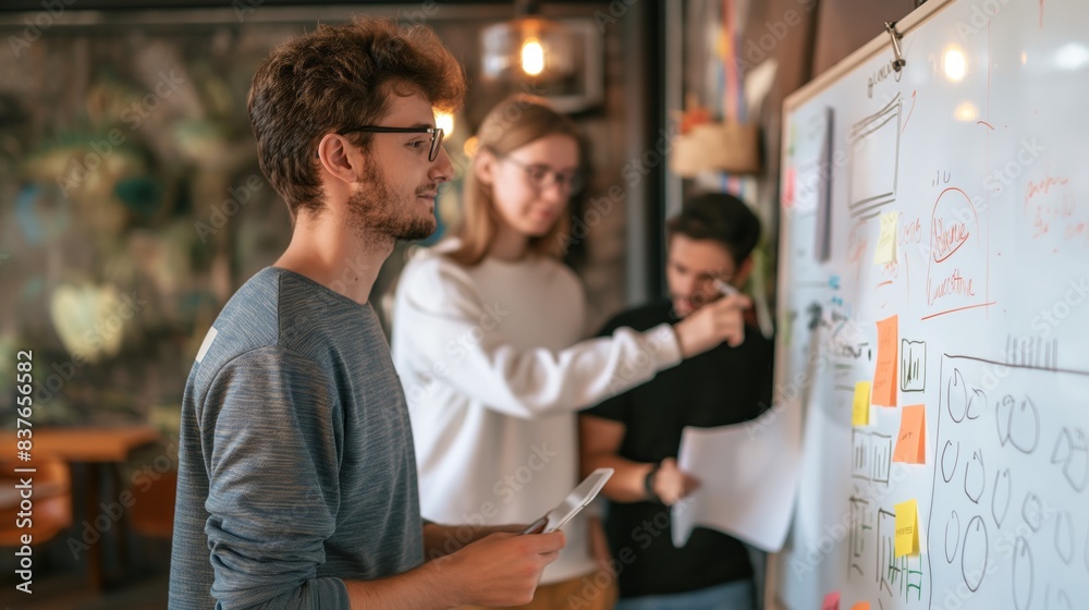 A young, focused group of co-workers brainstorm with sticky notes on a whiteboard in an office A young, focused group of co-workers brainstorm with sticky notes on a whiteboard in an office