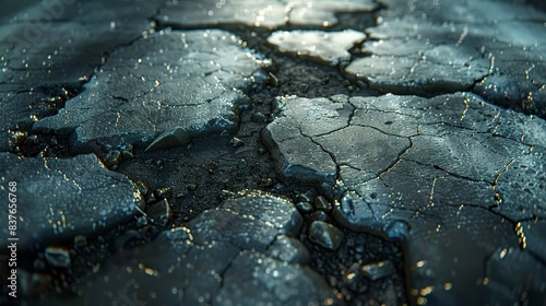  A tight shot of a fissured surface bears tiny water droplets atop and beneath This is a ground crack