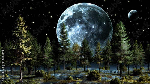  A full moon in the night sky, surrounded by trees in the foreground, and stars filling the mid-background