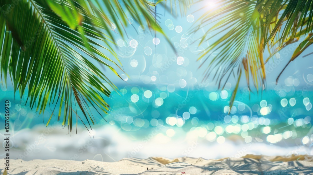 Capture the essence of tropical paradise with a stock photo featuring a clean beach with soft white sand, palm tree leaves framing the scene. Capture the essence of tropical paradise with a stock photo featuring a clean beach with soft white sand, palm tree leaves framing the scene.