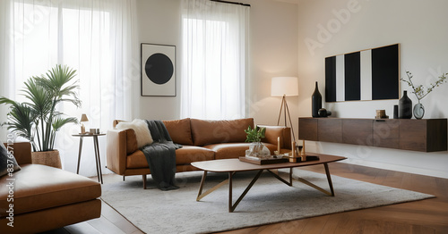 Enjoying the serene ambiance of a modern living room, flooded with soft natural light and featuring sleek furniture and simple artwork