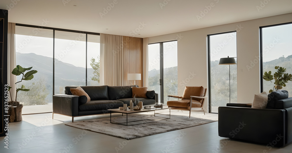 Fototapeta premium Relax in a modern living room with the soothing presence of nature, complete with large windows and patio access for natural light