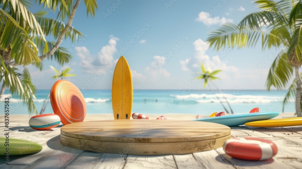 Obraz premium Emphasize the fun of beach games and activities with a photo featuring a wooden podium displaying summer sports products like frisbees, volleyball sets, and surfboards.