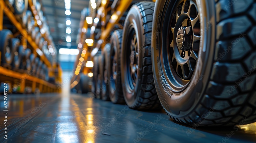 Close-up of perfectly aligned new car tires, bright warehouse, isolated background, studio lighting Close-up of perfectly aligned new car tires, bright warehouse, isolated background, studio lighting