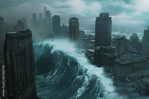 Generative ai on theme of a scary tsunami with huge foamy wave, apocalyptic dramatic background
