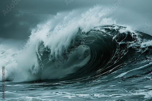 Generative ai on theme of a scary tsunami with huge foamy wave, apocalyptic dramatic background