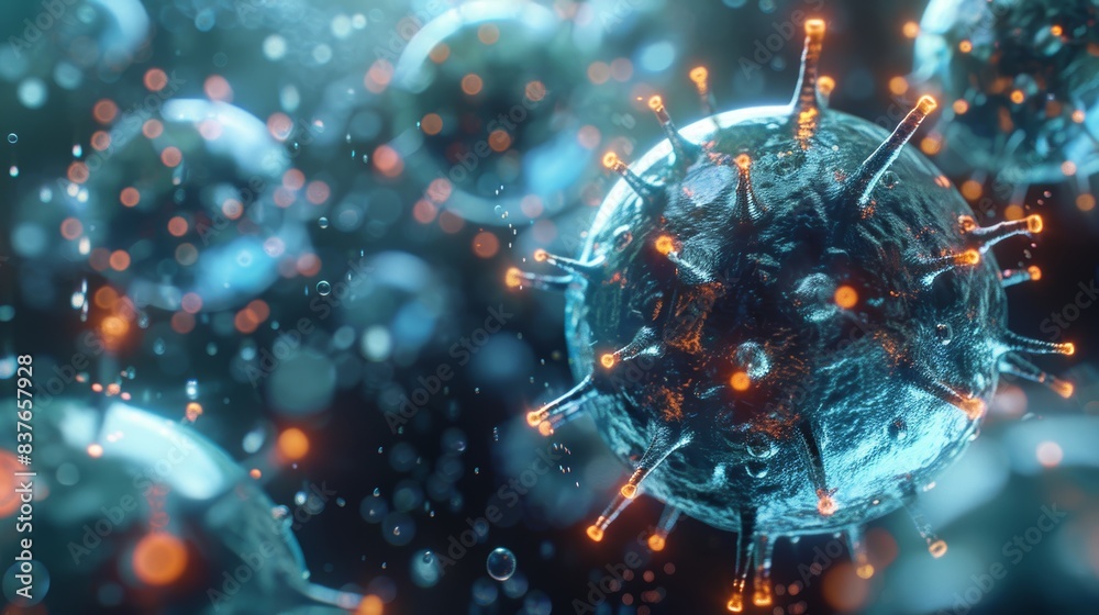 A futuristic 3D illustration of a virus mutating rapidly, symbolizing the evolving risk factors and challenges in combating viral diseases.