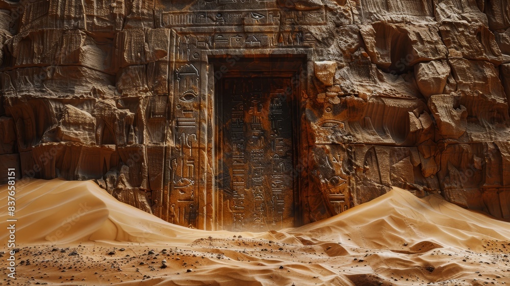 Close-up of a secret door hidden in the sand dunes, ancient carvings on ...