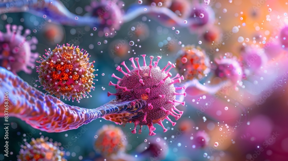 An intricate 3D illustration of a virus particle inside a human cell, showcasing the infection process. An intricate 3D illustration of a virus particle inside a human cell, showcasing the infection process.