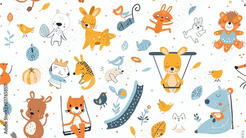 Wallpaper Mural Seamless pattern of hand-drawn cartoon animals in a playground, featuring swings, slides, and toys for a fun and lively design Torontodigital.ca