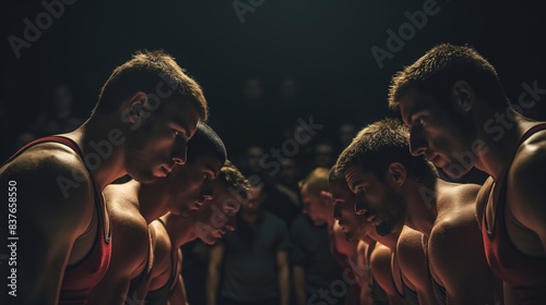 A group of wrestlers huddle together before a match, emphasizing the unity and team spirit in the sport of wrestling photo