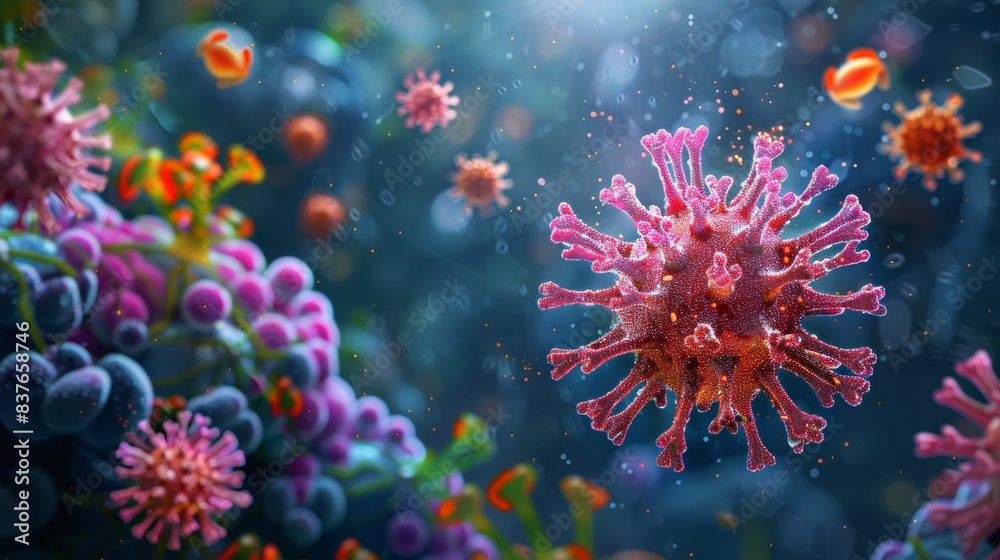 A vivid 3D illustration of a virus surrounded by antibodies, demonstrating the body's biological defense mechanisms. A vivid 3D illustration of a virus surrounded by antibodies, demonstrating the body's biological defense mechanisms.