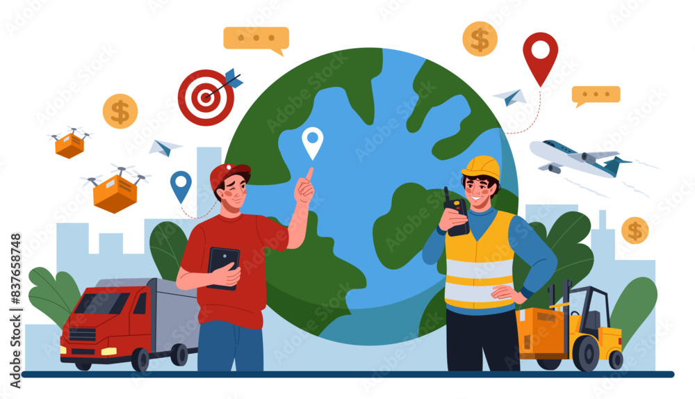 Fototapeta premium Cargo export. Delivery service. Global import tracking. Freight storage. International logistics. Transportation icons. People on warehouse. Plane and truck traffic infographic. Vector tidy concept