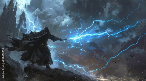 Warlock conjuring a storm of dark magic photo