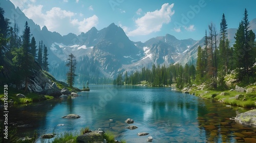 Captivating Alpine Lake Surrounded by Pine Forests and Towering Mountain Peaks Exuding Serene Tranquility and Natural Wonder