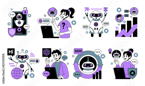 AI robot. Chat GPT. Assistant bot software. Artificial intelligence technology. Digital chatbot. People and computer communication. Automated work. Smartphone infographic UX. Vector tidy concepts set