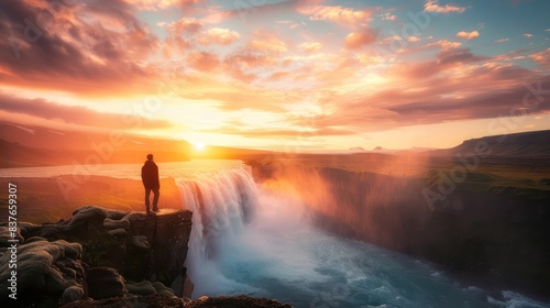 Highlight the awe-inspiring power of waterfalls with an image showcasing the magnificent Godafoss waterfall cascading down, framed by a stunning sunset sky filled with vibrant hues. © Dara