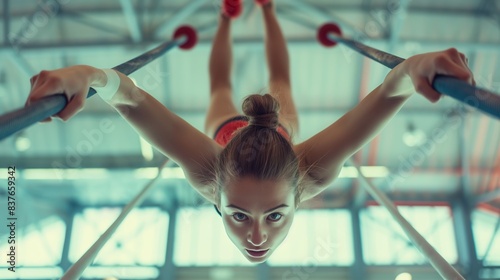 View from behind a female gymnast as she grips parallel bars during training, emphasizing her back muscles photo