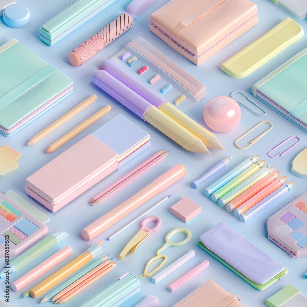 Pastel-colored school supplies in a seamless 3D render, organized in rows and lying flat on the ground, perfect for creating repetitive patterns for fabrics
