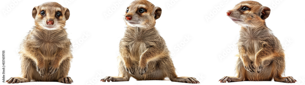 Three Meerkat Pups Sitting On White Background Three Meerkat Pups Sitting On White Background