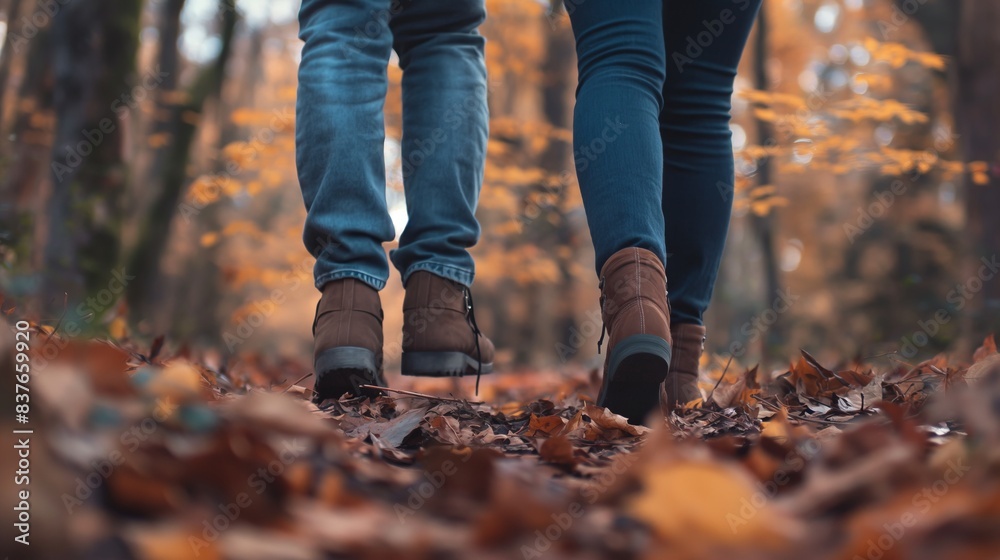 Two people walk through a forest covered with orange leaves, focus on the boots and leaves Two people walk through a forest covered with orange leaves, focus on the boots and leaves