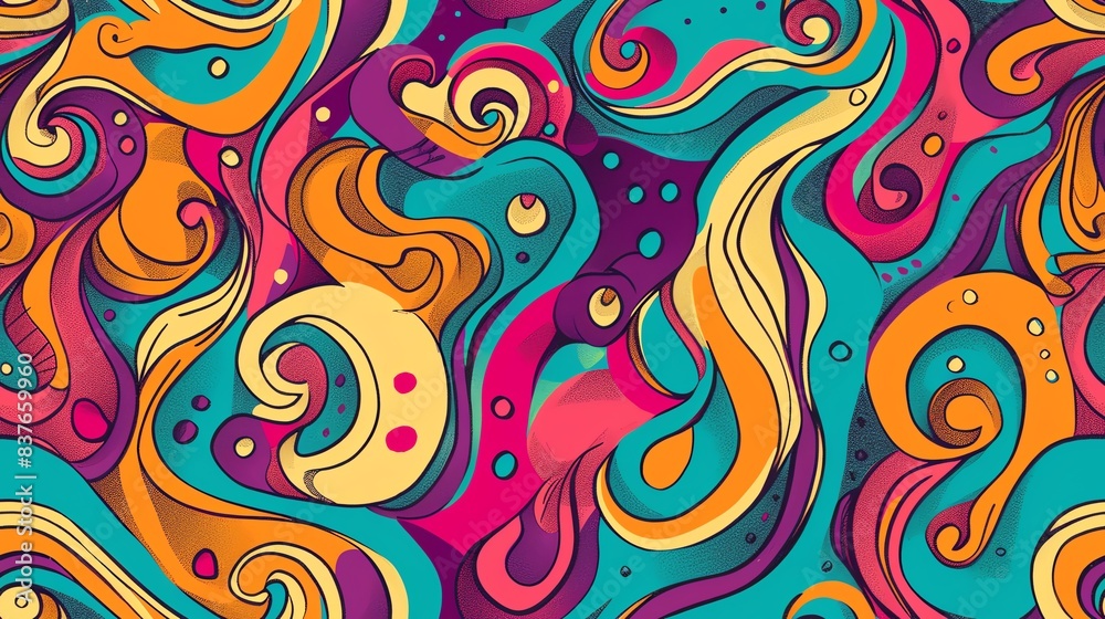 Seamless pattern of retro 60s hand-drawn abstract shapes and psychedelic swirls in bright colors, emphasizing a playful and nostalgic style Seamless pattern of retro 60s hand-drawn abstract shapes and psychedelic swirls in bright colors, emphasizing a playful and nostalgic style