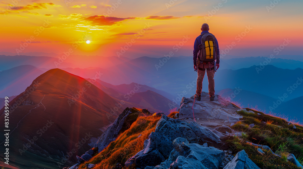 Fototapeta premium Mountain climber reaching the peak with a breathtaking view of the valley below