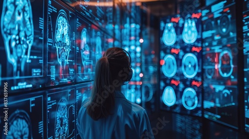 Person analyzing brain scans and data projections in a high-tech medical facility, showcasing advanced technology and neuroscience research.