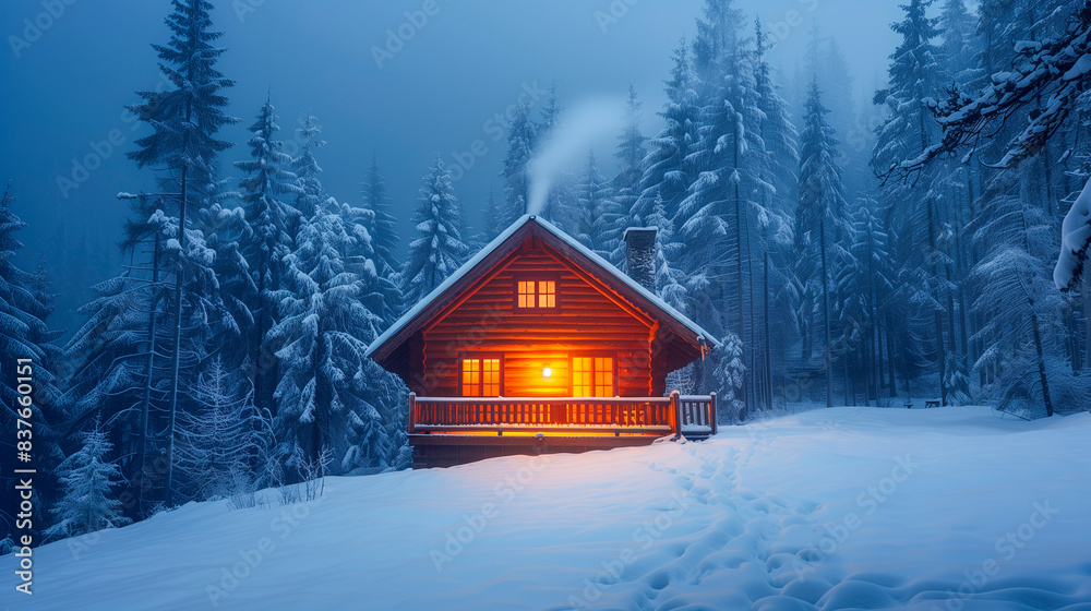 Cozy cabin in the woods with a smoking chimney and snow-covered trees