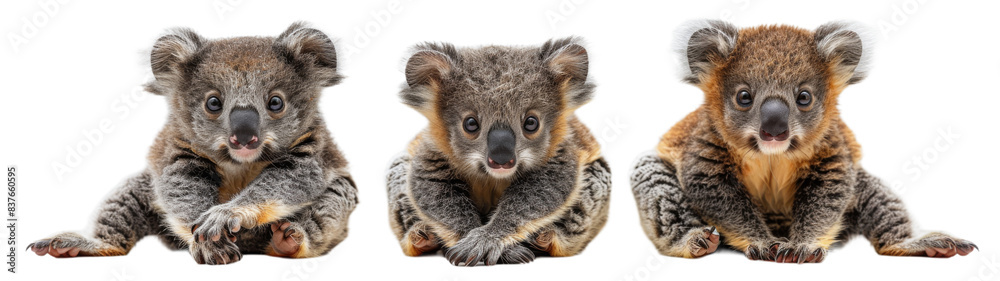 Three Baby Koalas Sitting Against White Background Three Baby Koalas Sitting Against White Background
