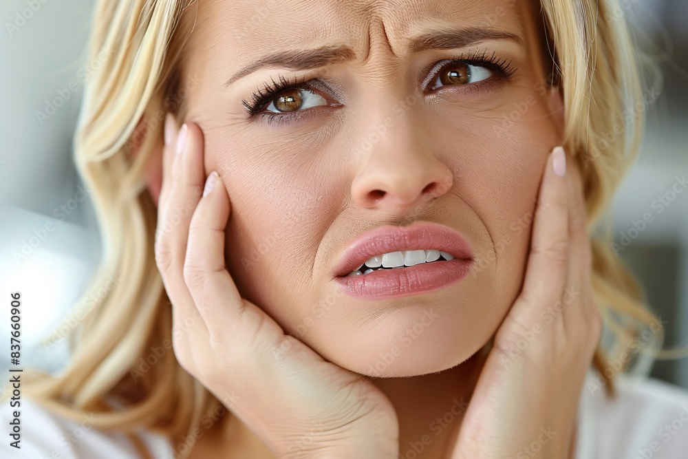 Aching tooth and dental care, woman experiencing intense tooth pain. Aching tooth and dental care, woman experiencing intense tooth pain.