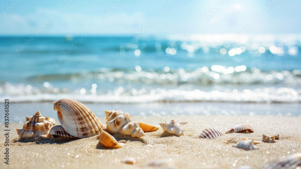 Emphasize the allure of seaside escapes with a photo featuring an expanse of empty sand beach with scattered shells, framed by the shimmering waters of a summer sea. Emphasize the allure of seaside escapes with a photo featuring an expanse of empty sand beach with scattered shells, framed by the shimmering waters of a summer sea.