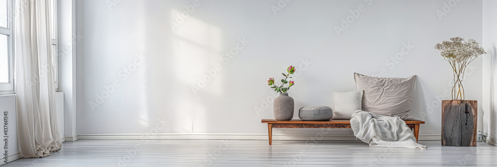 Minimalist room interiors composition with copyspace in neutral tonality. Minimalist room interiors composition with copyspace in neutral tonality.