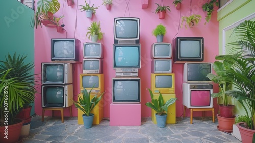 Classic old TV sets in a variety of bright, retro hues, contrasted with a gentle pastel-colored wall, creating a striking visual harmony photo