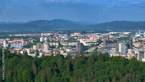 AERIAL: Drone point of view of budding residential Ljubljana neighborhoods. © helivideo