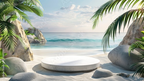 Highlight the allure of tropical paradises with an image showcasing a sandy beach and crystal-clear sea backdrop, accented by an abstract stone podium, providing an elegant display. photo