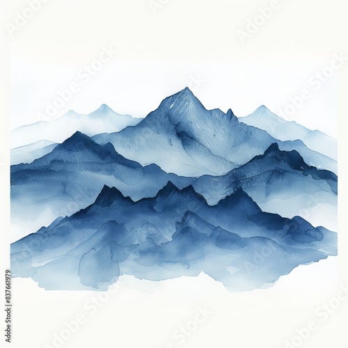 Serene watercolor painting of blue mountains with misty atmosphere, perfect for nature-themed projects and artistic decor.