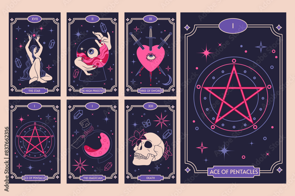 Tarot cards. Moon magic. Sun witchcraft. Mystic pentacle star. Esoteric celestial design. Oracle divination. Occult skull. Gypsy heart. Witchy Boho backgrounds. Vector graphic spiritual posters set